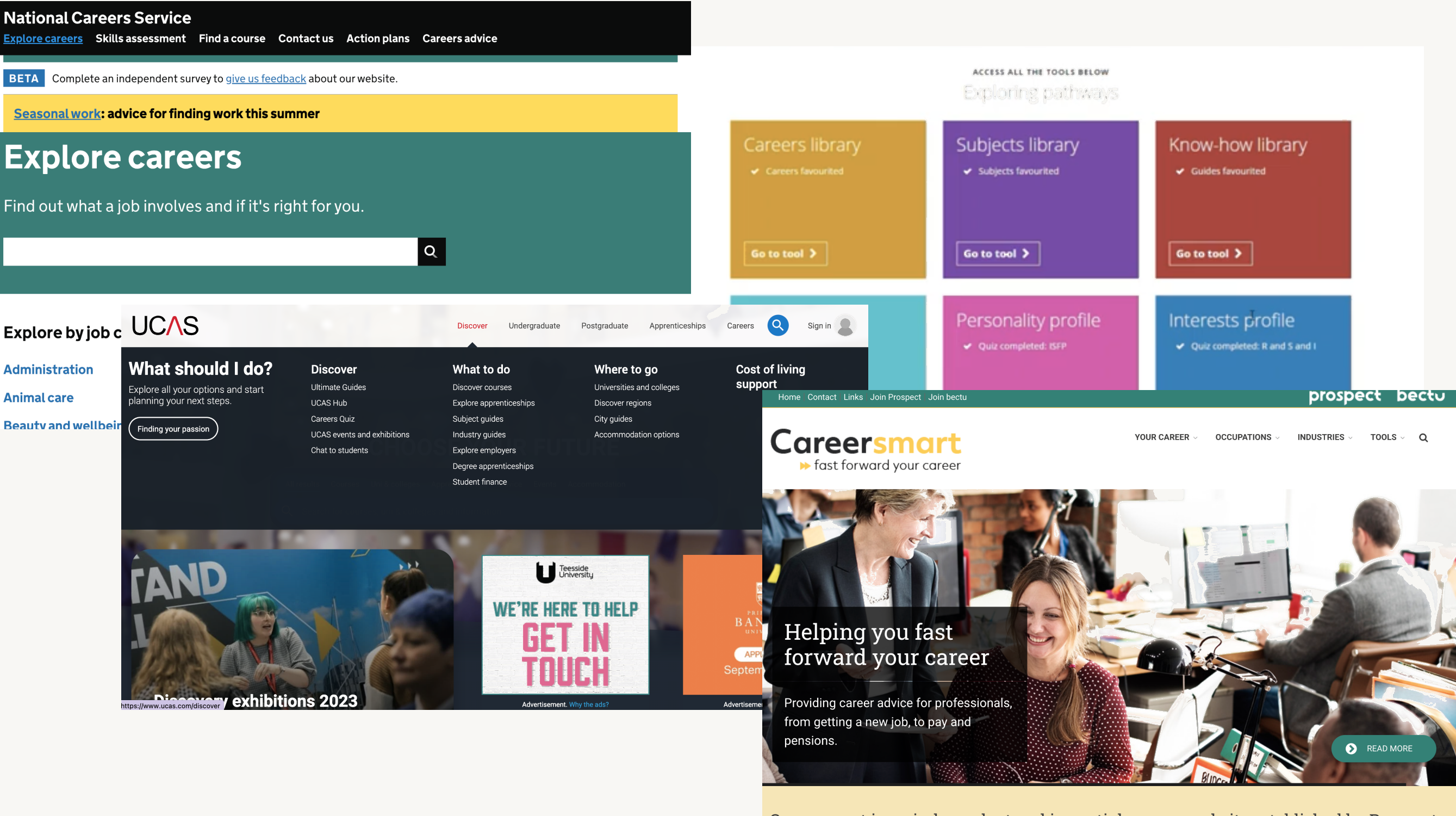 Three competitor screenshots side by side: the National Careers Service 'Explore careers' homepage, the UCAS 'What should I do?' section, and the Careersmart career library, used as reference during the landscape review.