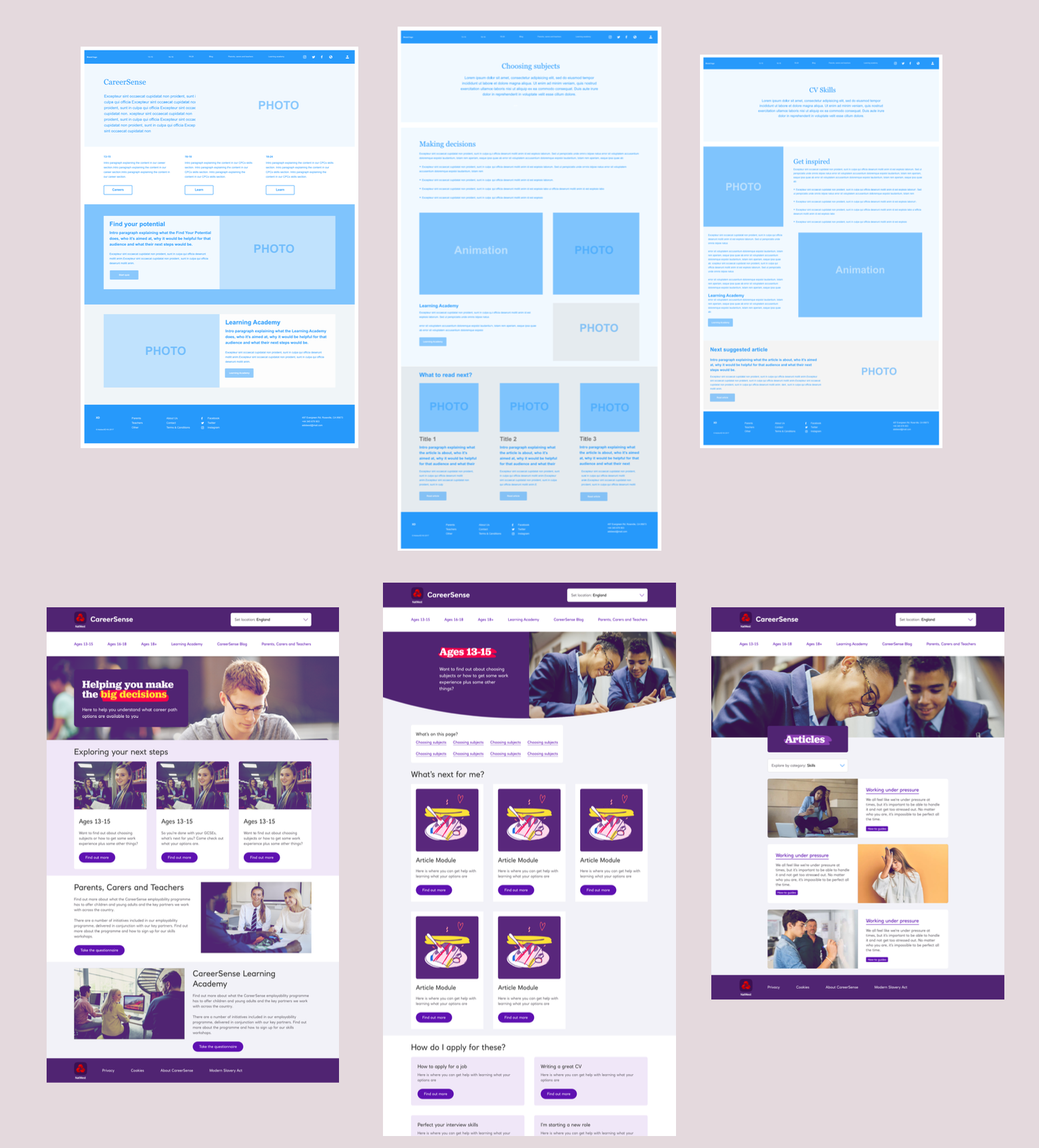 Six CareerSense screens. Top row: three blue wireframes of the homepage layout at different fidelity levels. Bottom row: three higher-fidelity screens showing the live purple-branded homepage with a hero photo, the Ages 13-15 hub with content tiles, and an age-specific article page.