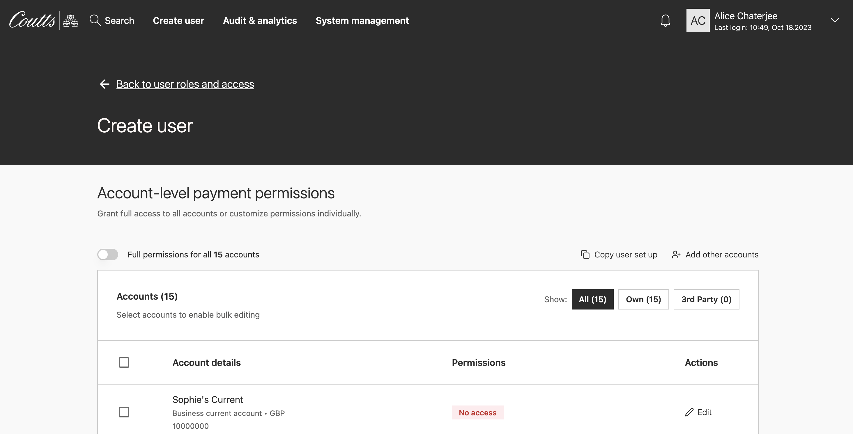 The account-level payment permissions screen in its default state, showing the full permissions toggle, Copy user set up and Add other accounts buttons, the accounts table with bulk-select checkboxes, and tabs for All, Own, and 3rd Party accounts.