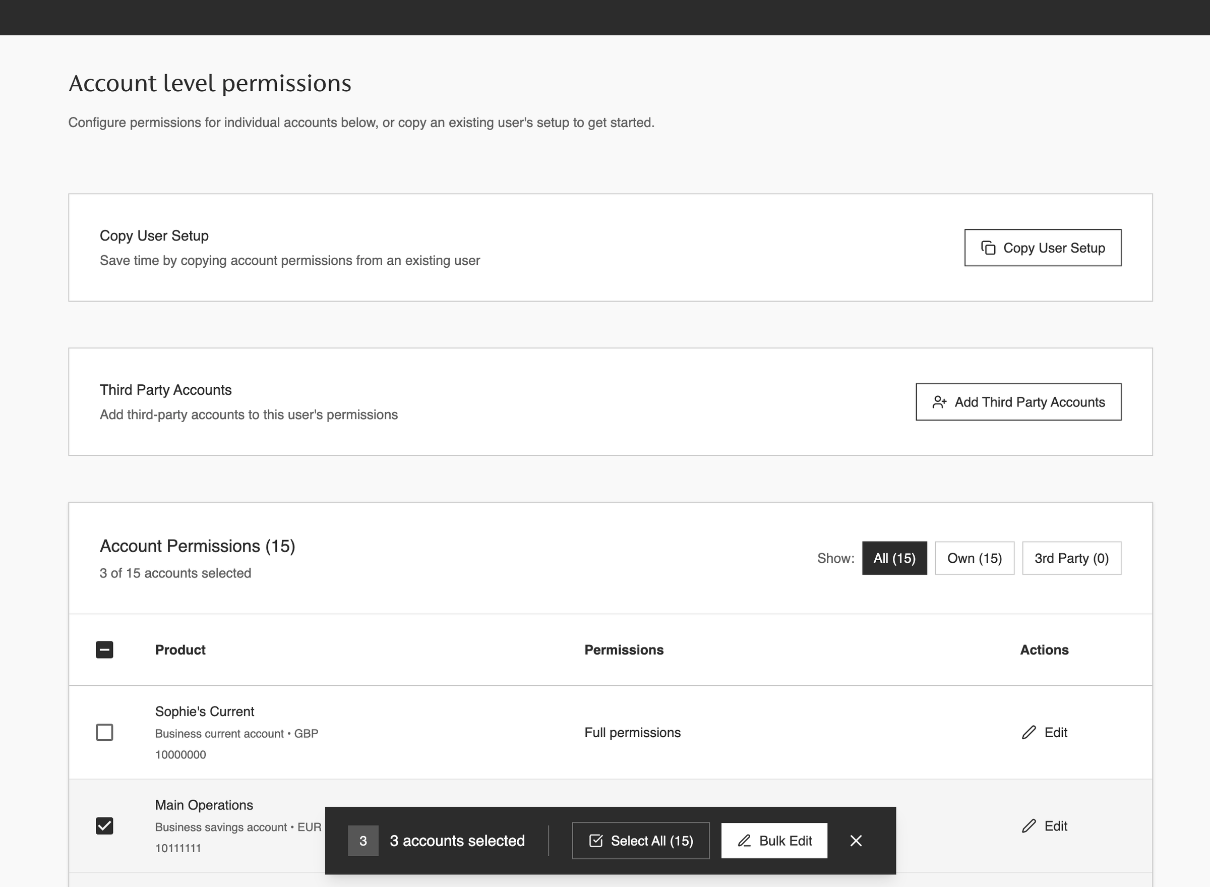 The Coutts account-level permissions table with 3 accounts selected, showing a floating action bar at the bottom with Select All (15) and Bulk Edit controls