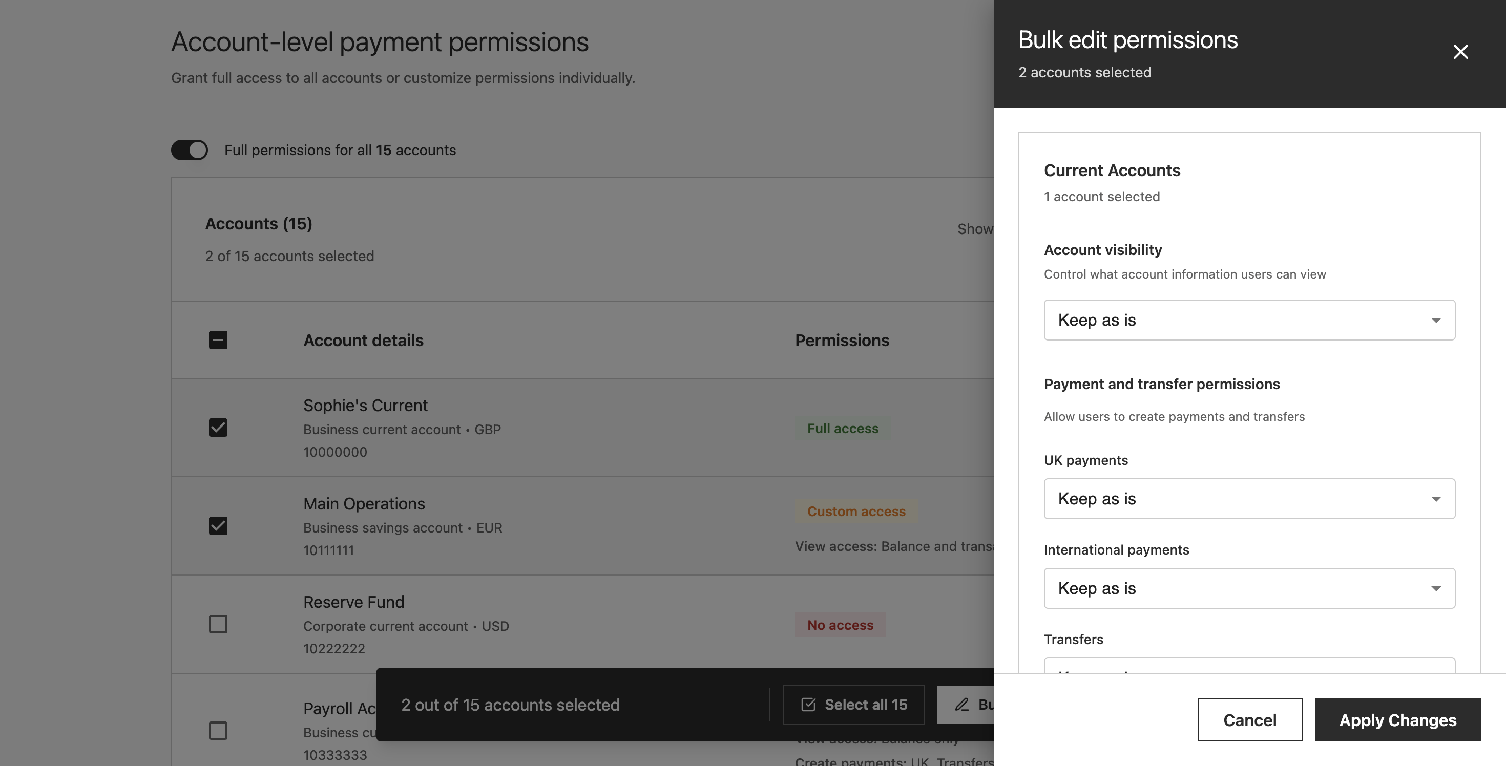 The bulk edit permissions drawer open with 2 accounts selected. Controls for Account visibility, Payment and transfer permissions, UK payments, International payments, and Transfers, each with a Keep as is dropdown. Cancel and Apply Changes buttons at the bottom.