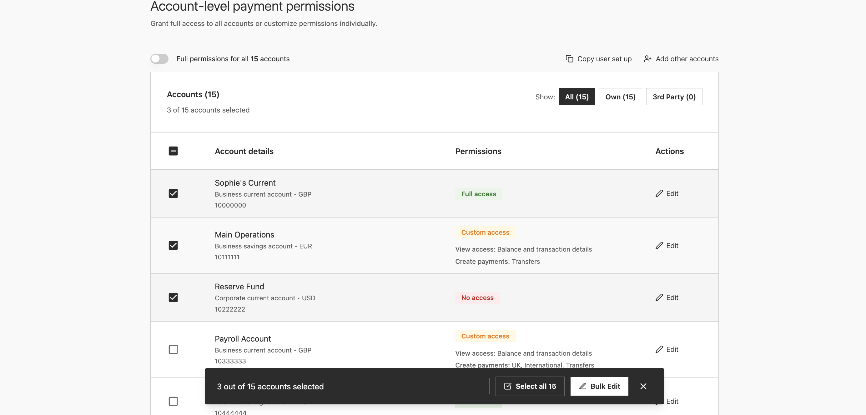 The account permissions table with 3 of 15 accounts selected via checkboxes, showing mixed permission states. A floating action bar at the bottom shows 3 out of 15 accounts selected, with Select all 15 and Bulk Edit buttons.