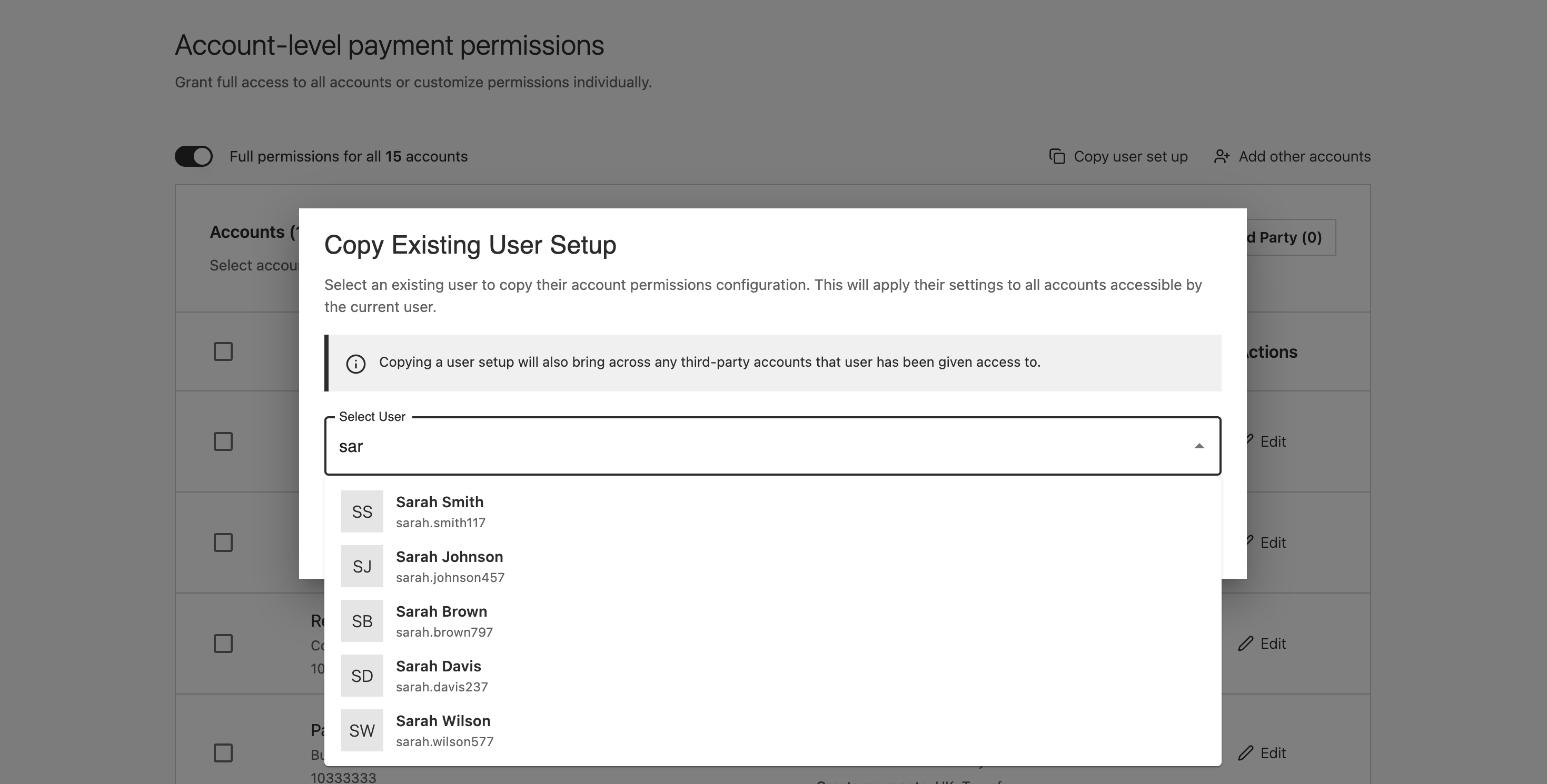 The Copy Existing User Setup modal with a user search field showing results for Sarah: Sarah Smith, Sarah Johnson, Sarah Brown, Sarah Davis, Sarah Wilson.