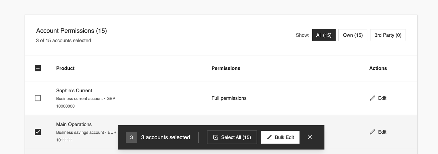 Early Figma Make prototype of the account-level permissions table. Three accounts are selected via checkboxes. A dark floating action bar at the bottom shows the selected count, Select All (15), and Bulk Edit, the interaction that went into the design systems conversation.
