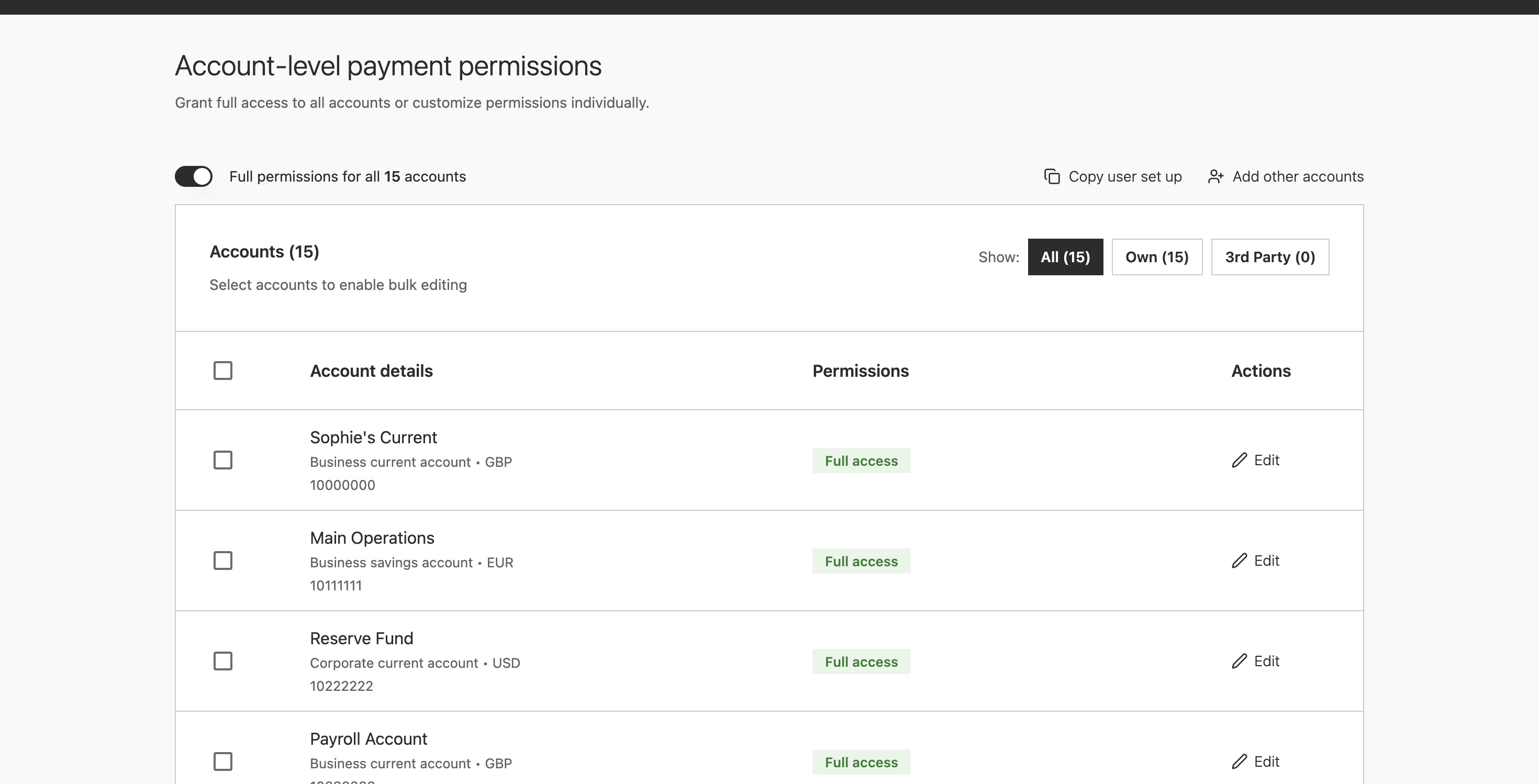 The account-level payment permissions page with the full permissions toggle switched on, showing all 15 accounts with varying access states: Full access, Custom access, and No access displayed as colour-coded badges.