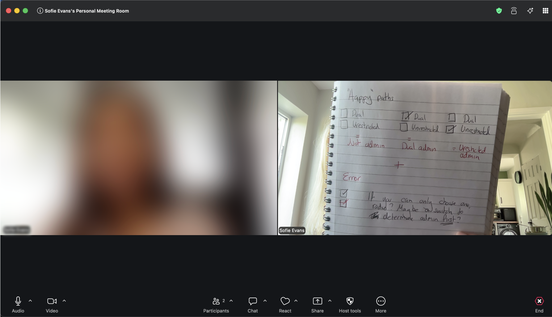 A Zoom session with an ops team colleague. A notebook is visible showing handwritten notes mapping the happy paths through the existing permissions logic, with three patterns identified: Dual, Unrestricted, and Approved admin, each with different configuration requirements.