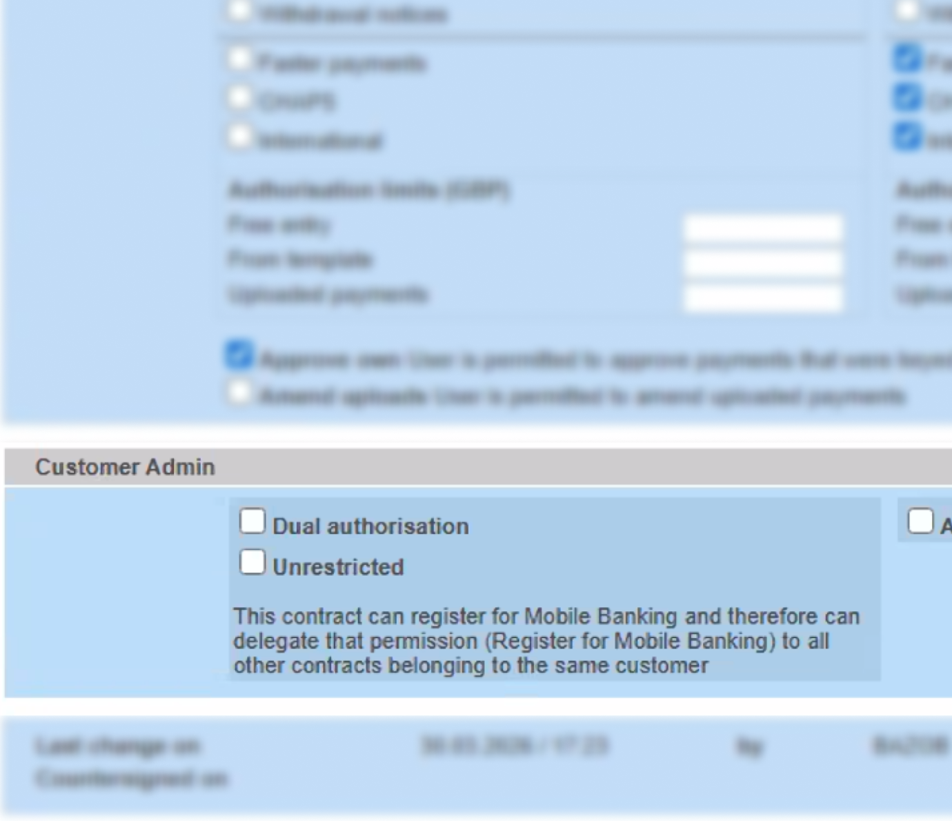 The legacy Coutts permissions form showing a Customer Admin section with two checkboxes (Dual authorisation and Unrestricted) with no explicit way to indicate a user is not an administrator other than leaving both unchecked.