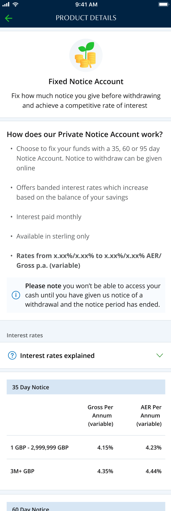 Coutts Private app showing a Fixed Notice Account product detail screen with banded interest rate tables for 35-day and 60-day notice periods