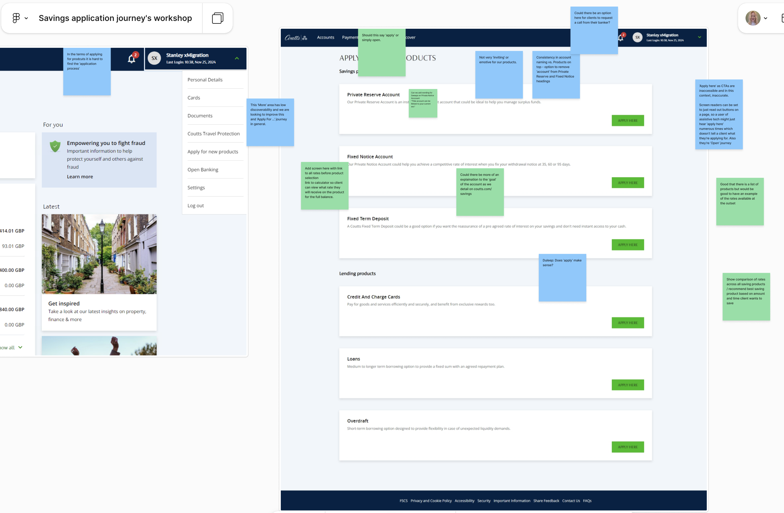 The Coutts Private app savings product listing page, showing Private Reserve Account, Fixed Notice Account, Fixed Term Deposit, and Lending products, annotated with green research observation notes and blue design question notes around the entry points to each product.