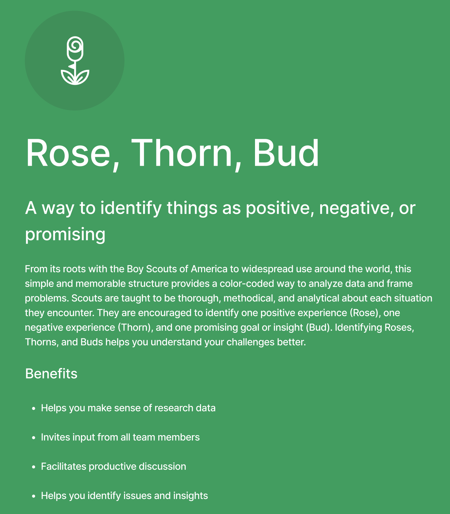 A reference card explaining the Rose, Thorn, Bud technique for identifying positives, negatives, and opportunities in research, with four listed benefits including 'Helps you make sense of research data' and 'Facilitates productive discussion'.