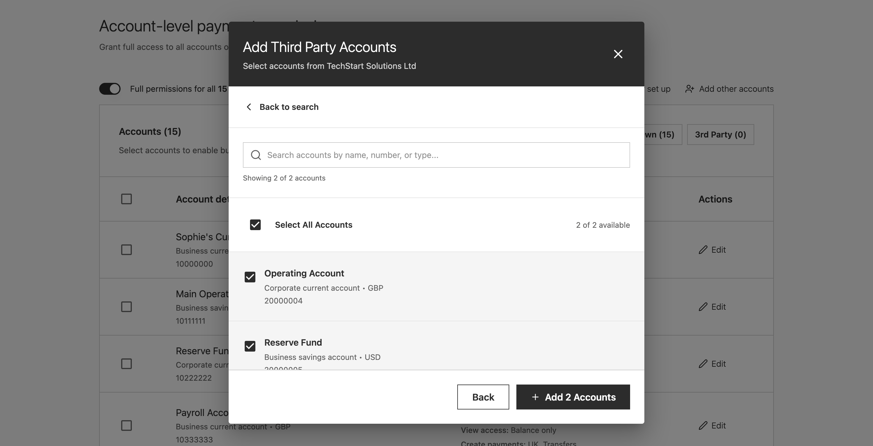 The Add Third Party Accounts modal showing TechStart Solutions Ltd with 2 of 2 accounts available: Operating Account and Reserve Fund, both selected, with an Add 2 Accounts button.