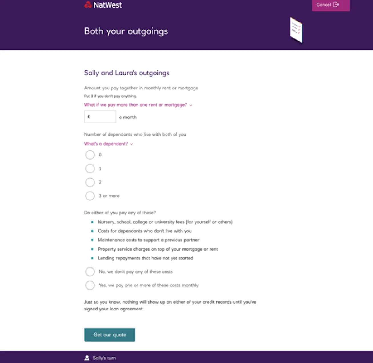The NatWest joint loan application showing the Both your outgoings form, with fields for monthly rent, number of dependants, and shared costs