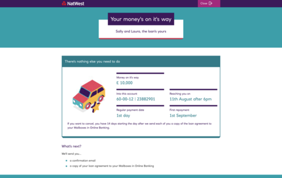 The loan confirmation page with a teal header reading 'Your money's on its way' and a subline 'Sally and Laura, the loan's yours' in warm pink. Below, a summary card shows the loan amount, account details, and repayment dates alongside a colourful isometric illustration of a car, a deliberate celebratory moment at the end of the journey.