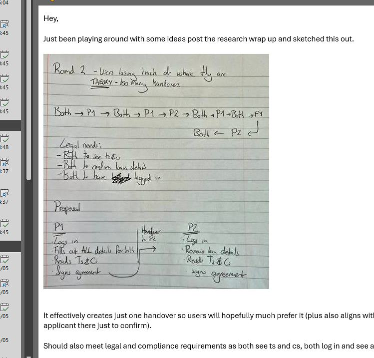 A message sketching out the post-research direction. Round 2 is described as having too many handovers, with legal constraints listed: both applicants must see T&Cs, confirm details, and be logged in. The proposed solution shows Person 1 completing all details and signing, then Person 2 logging in to review and sign. A note at the bottom reads: it effectively creates just one handover so users will hopefully much prefer it.
