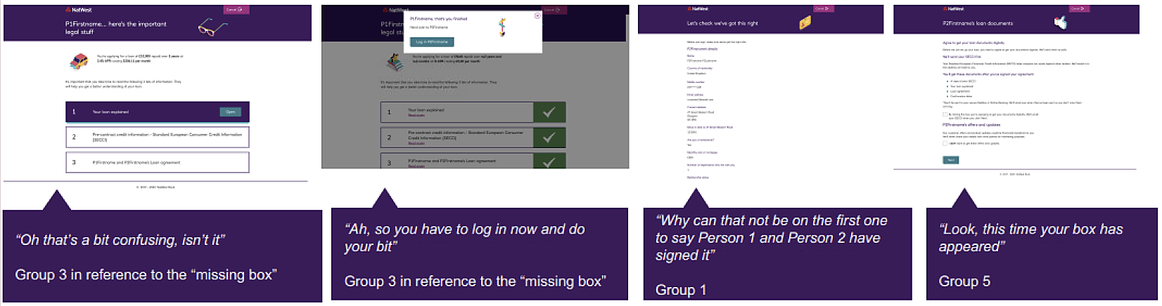 Four participant quotes from Round 2 testing shown alongside screen thumbnails: 'Oh that's a bit confusing, isn't it'; 'Ah, so you have to log in now and do your bit'; 'Why can that not be on the first one to say Person 1 and Person 2 have signed it'; and 'Look, this time your box has appeared'.