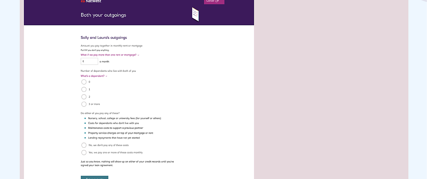 The Round 3 'Both your outgoings' form, headed 'Sally and Laura's outgoings', asking for monthly rent or mortgage, number of dependants, and shared costs. A 'Get our quote' button sits at the bottom, with 'Sally's turn' shown in the footer bar to keep both applicants oriented.
