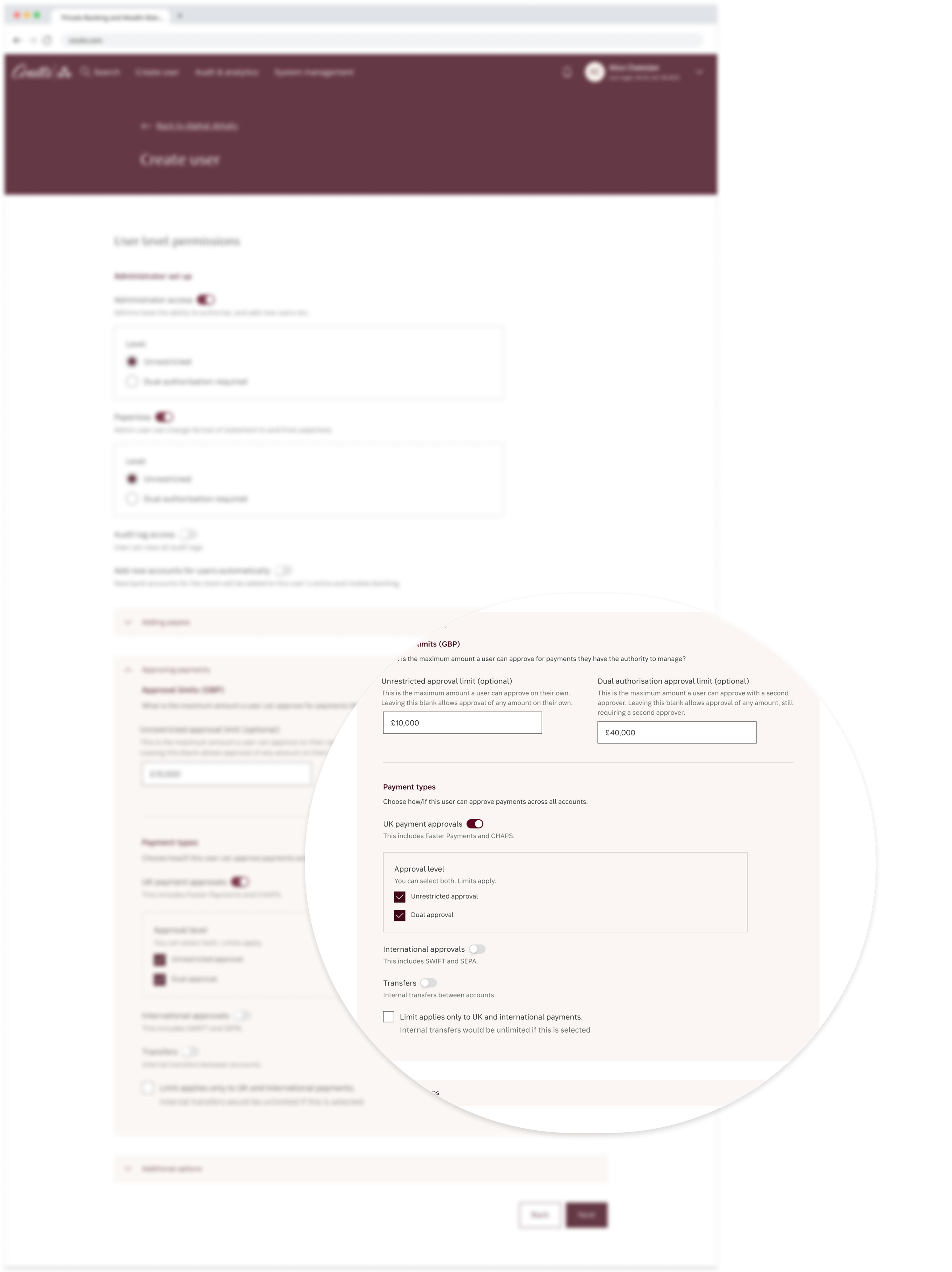 The redesigned Create user screen showing user-level permission toggles, with a magnified callout revealing the approval limits section: fields for a £10,000 unrestricted limit and £40,000 dual authorisation limit, alongside payment type toggles.