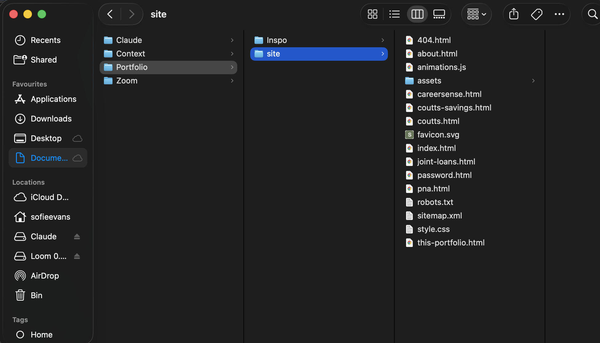 A Finder window showing the Portfolio folder structure. The site folder contains style.css, animations.js, all HTML pages, and an assets folder. A handover markdown file sits alongside at the top level.